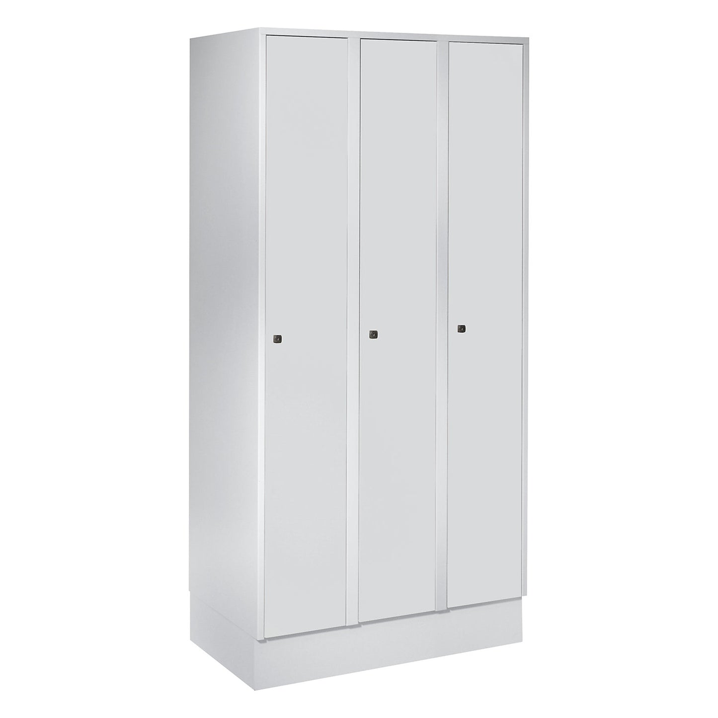 Munich locker, 3 compartments, light grey, W 900 mm, with base plinth.
