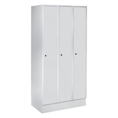 Munich locker, 3 compartments, light grey, W 900 mm, with base plinth.