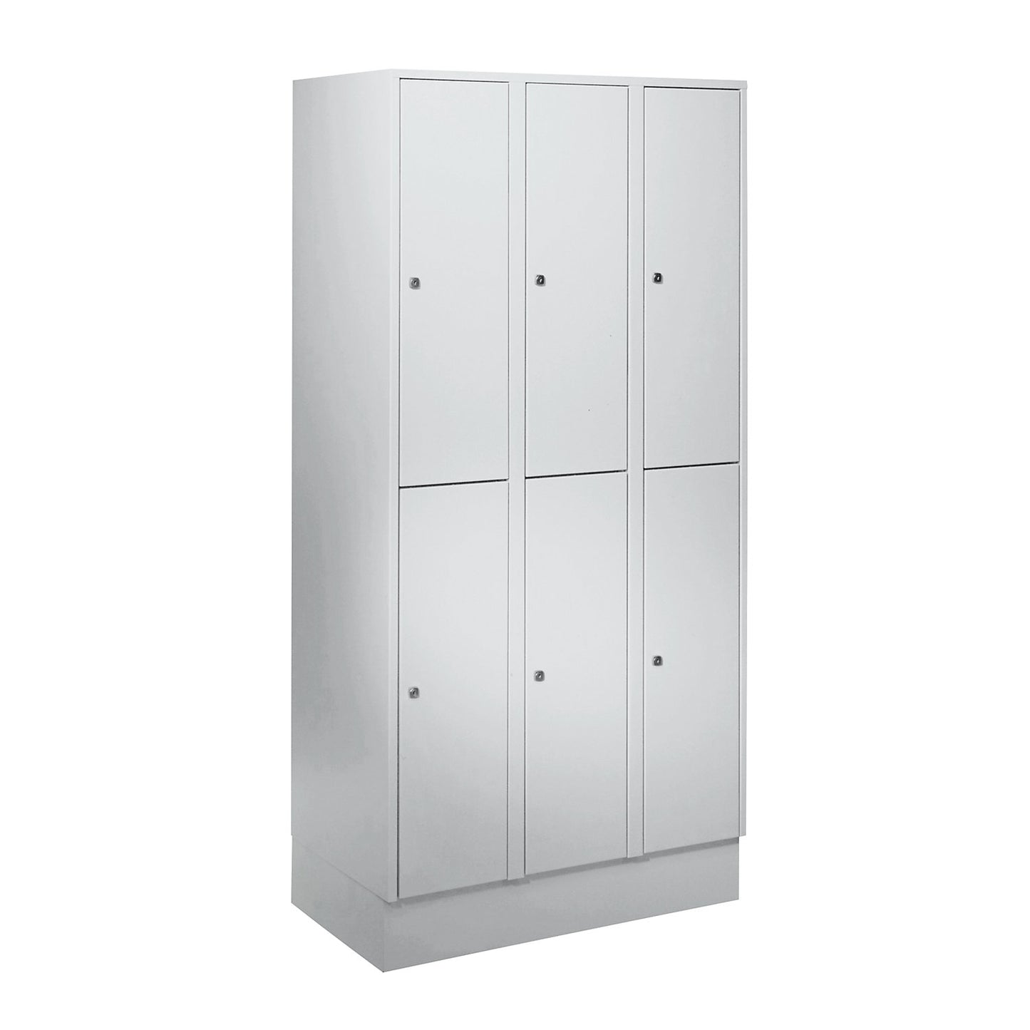 München double deck clothes locker, 3 compartments, W 900 mm, light grey, with base plinth.