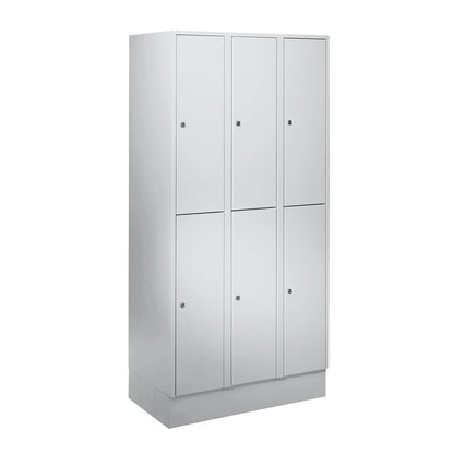 München double deck clothes locker, 3 compartments, W 900 mm, light grey, with base plinth.
