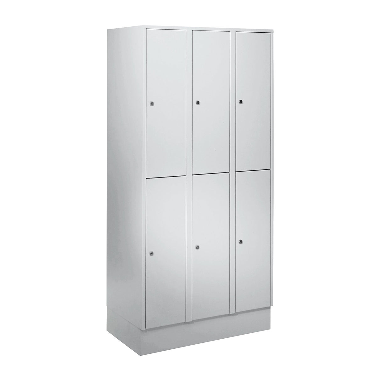München double deck clothes locker, 3 compartments, W 900 mm, light grey, with base plinth.