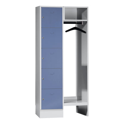 Dresden cloakroom locker system, 5 compartments, 1 coat rack, W 850 mm, light grey / pigeon blue.