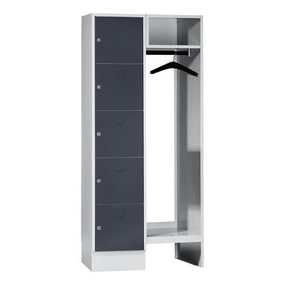 Dresden cloakroom locker system, 5 compartments, 1 coat rack, W 850 mm, light grey / basalt grey.