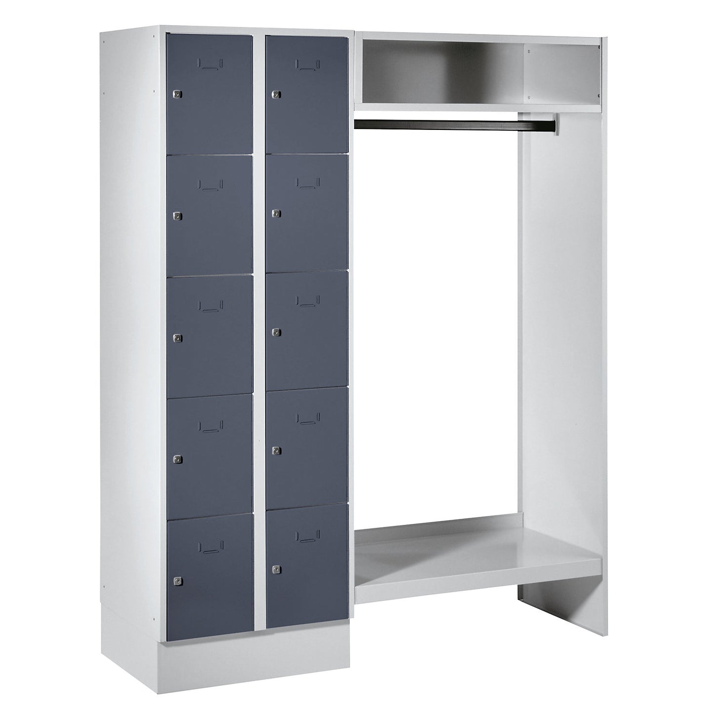 Dresden cloakroom locker system, 2 compartments on left, 1 coat rail, W 1470 mm, light grey / basalt grey.