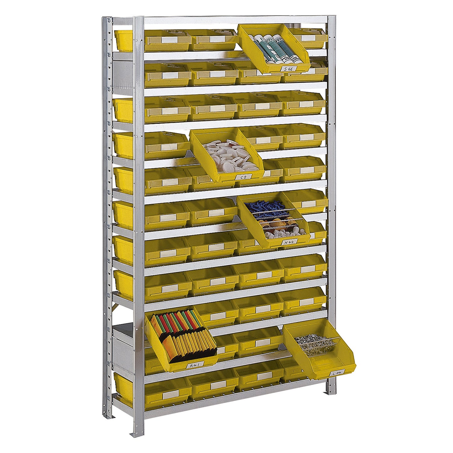 Boltless shelving unit with shelf bins, shelf unit height 1790 mm, basic shelf unit, depth 400 mm, 32 bins - yellow.