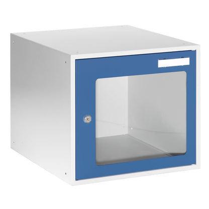 Cube locker, HxWxD 350 x 400 x 450 mm, vision panel door, light grey / gentian blue.