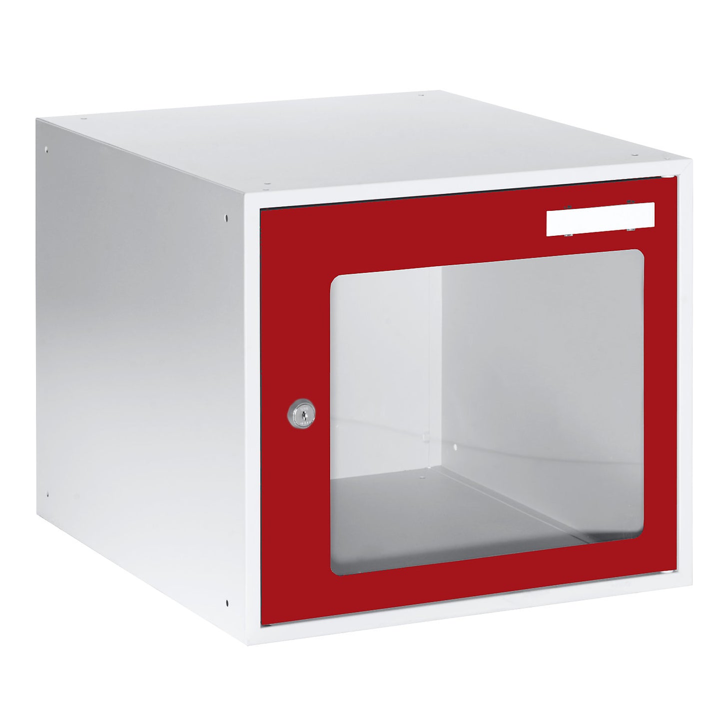 Cube locker, HxWxD 350 x 400 x 450 mm, vision panel door, light grey / flame red.