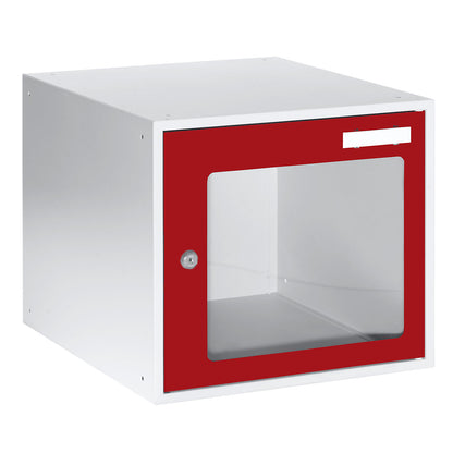 Cube locker, HxWxD 350 x 400 x 450 mm, vision panel door, light grey / flame red.