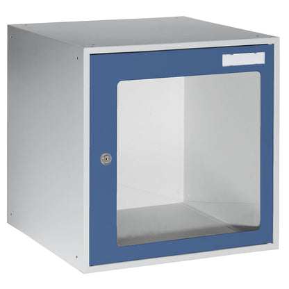 Cube locker, HxWxD 450 x 450 x 450 mm, vision panel door, light grey / gentian blue.