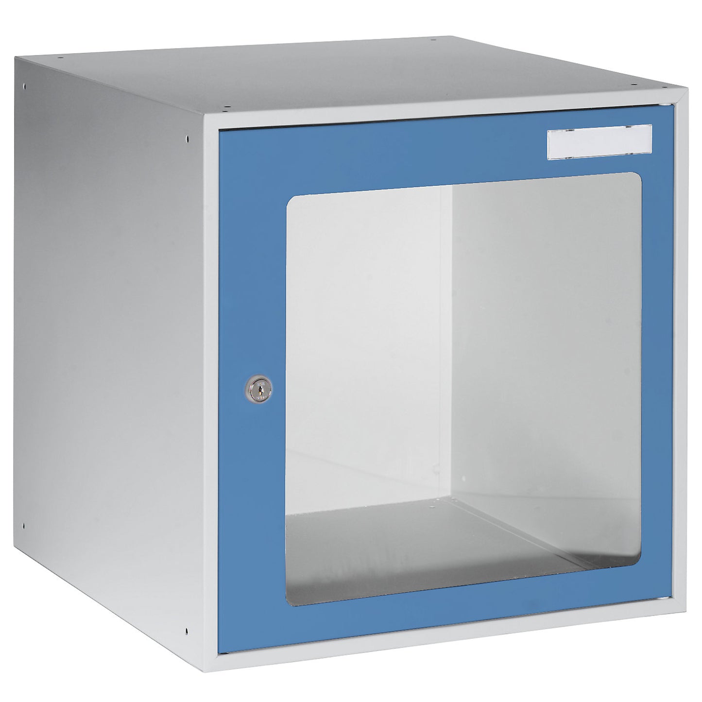 Cube locker, HxWxD 450 x 450 x 450 mm, vision panel door, light grey / light blue.