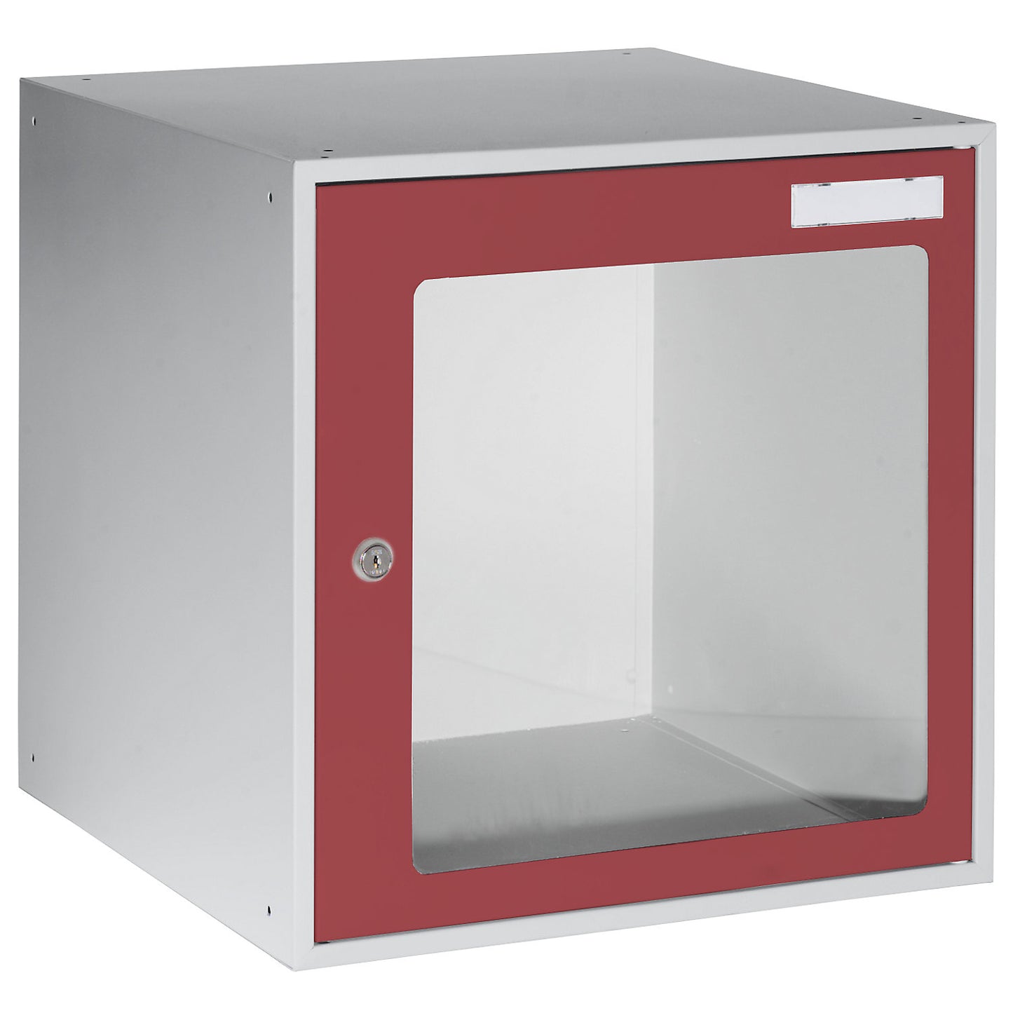 Cube locker, HxWxD 450 x 450 x 450 mm, vision panel door, light grey / flame red.