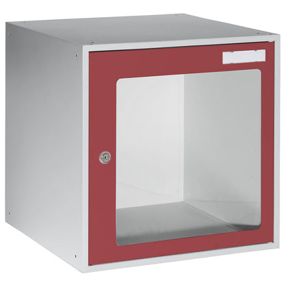 Cube locker, HxWxD 450 x 450 x 450 mm, vision panel door, light grey / flame red.