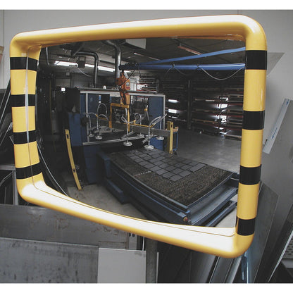 Observation mirror, frame with yellow/black warning stripes, WxH 600 x 400 mm.