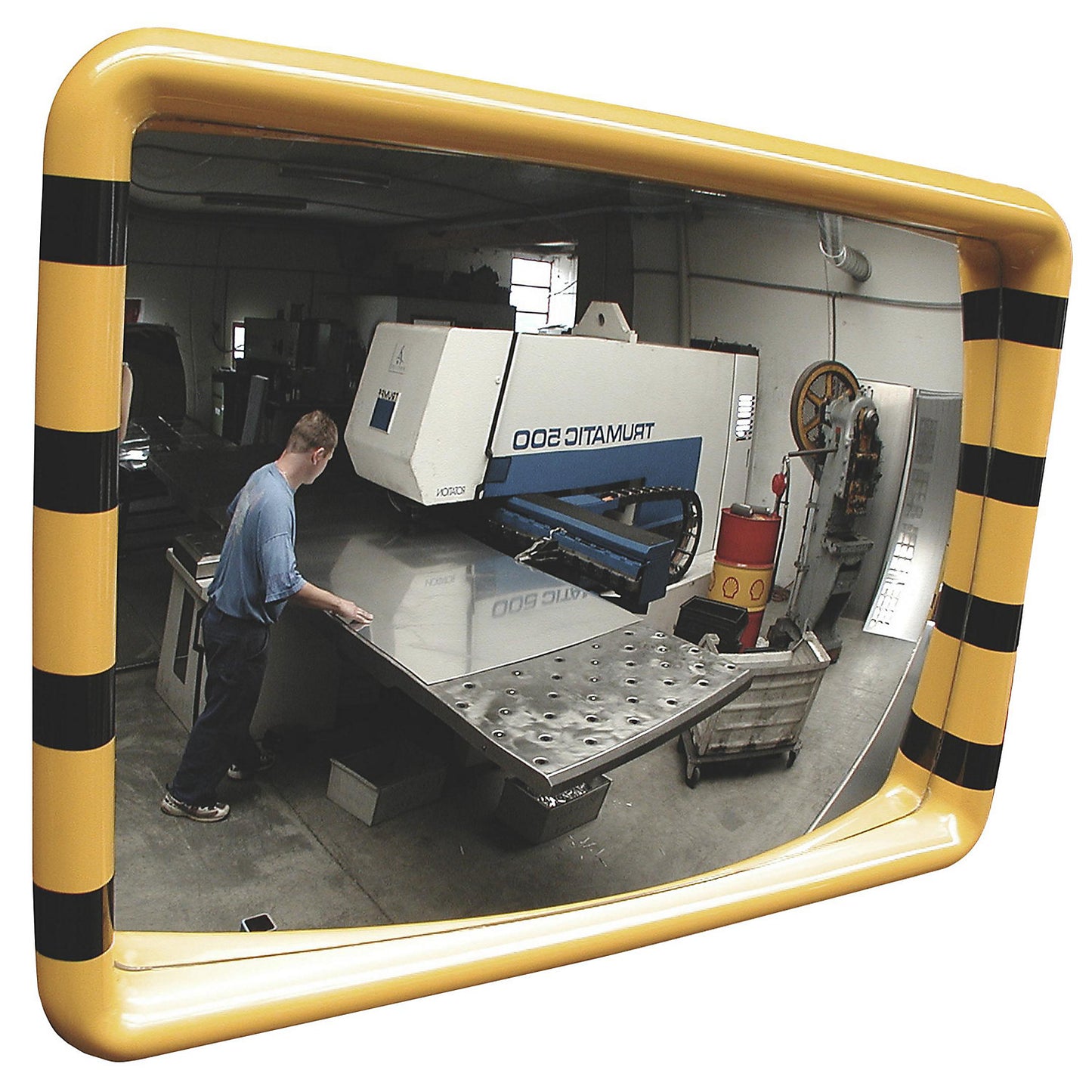 Observation mirror, frame with yellow/black warning stripes, WxH 900 x 600 mm.