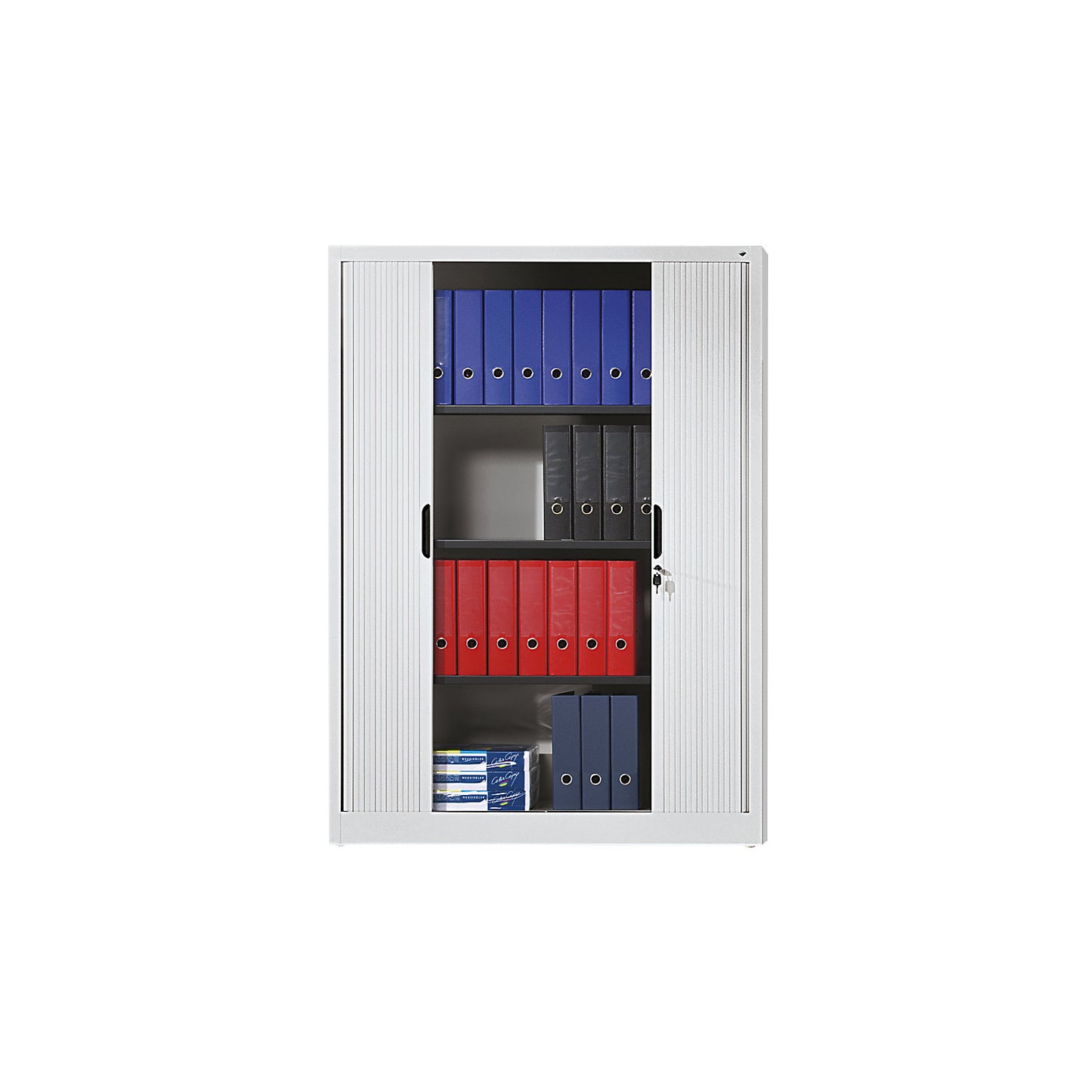 Roller shutter cupboard with horizontal shutter, HxWxD 1660 x 1200 x 420 mm, 3 shelves, 4 file heights, light grey.