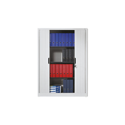 Roller shutter cupboard with horizontal shutter, HxWxD 1660 x 1200 x 420 mm, 3 shelves, 4 file heights, light grey.