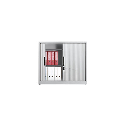 Roller shutter cupboard with horizontal shutter, HxWxD 1030 x 1200 x 420 mm, 2 shelves, 2.5 file heights, light grey.