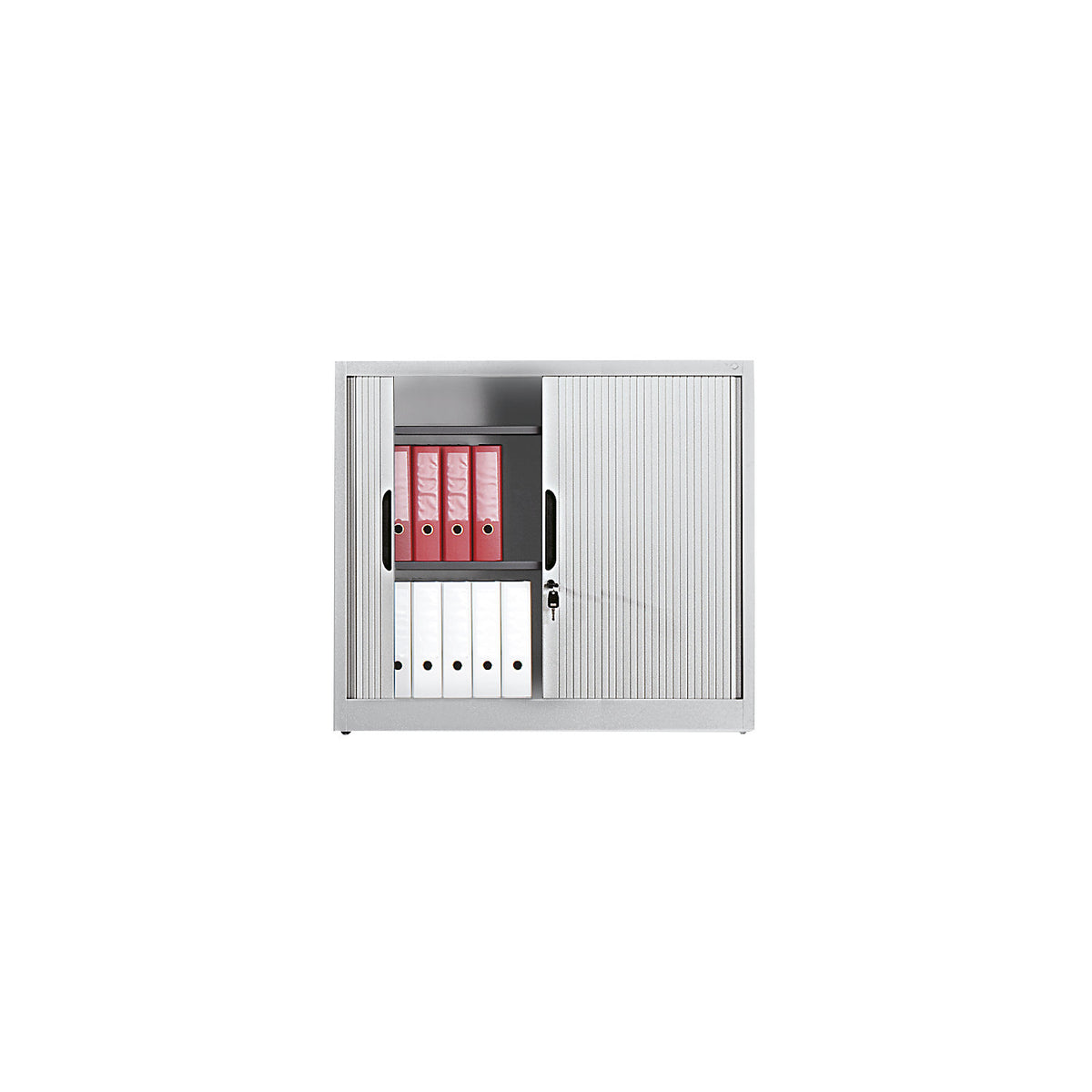 Roller shutter cupboard with horizontal shutter, HxWxD 1030 x 1200 x 420 mm, 2 shelves, 2.5 file heights, light grey.