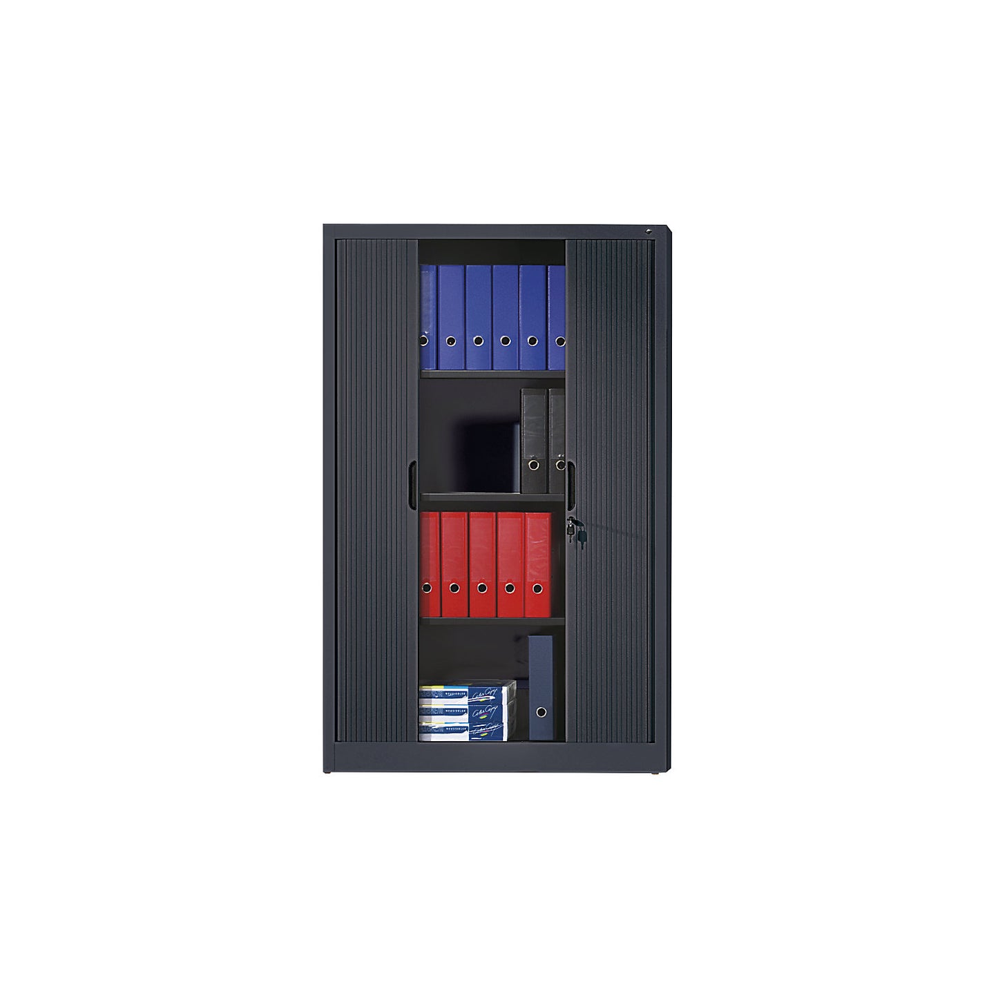 Roller shutter cupboard with horizontal shutter, HxWxD 1980 x 800 x 420 mm, 4 shelves, 5 file heights, black grey.
