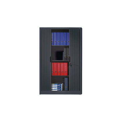 Roller shutter cupboard with horizontal shutter, HxWxD 1980 x 800 x 420 mm, 4 shelves, 5 file heights, black grey.
