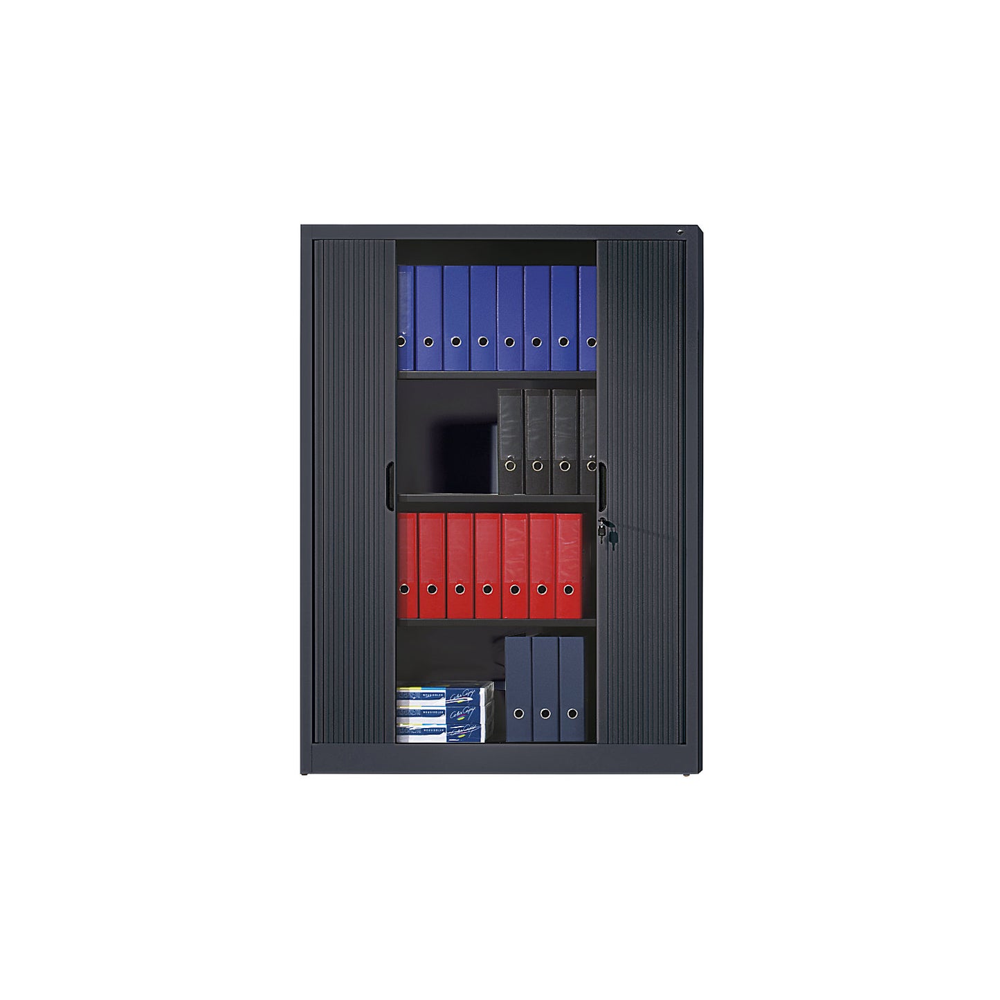 Roller shutter cupboard with horizontal shutter, HxWxD 1660 x 1200 x 420 mm, 3 shelves, 4 file heights, black grey.