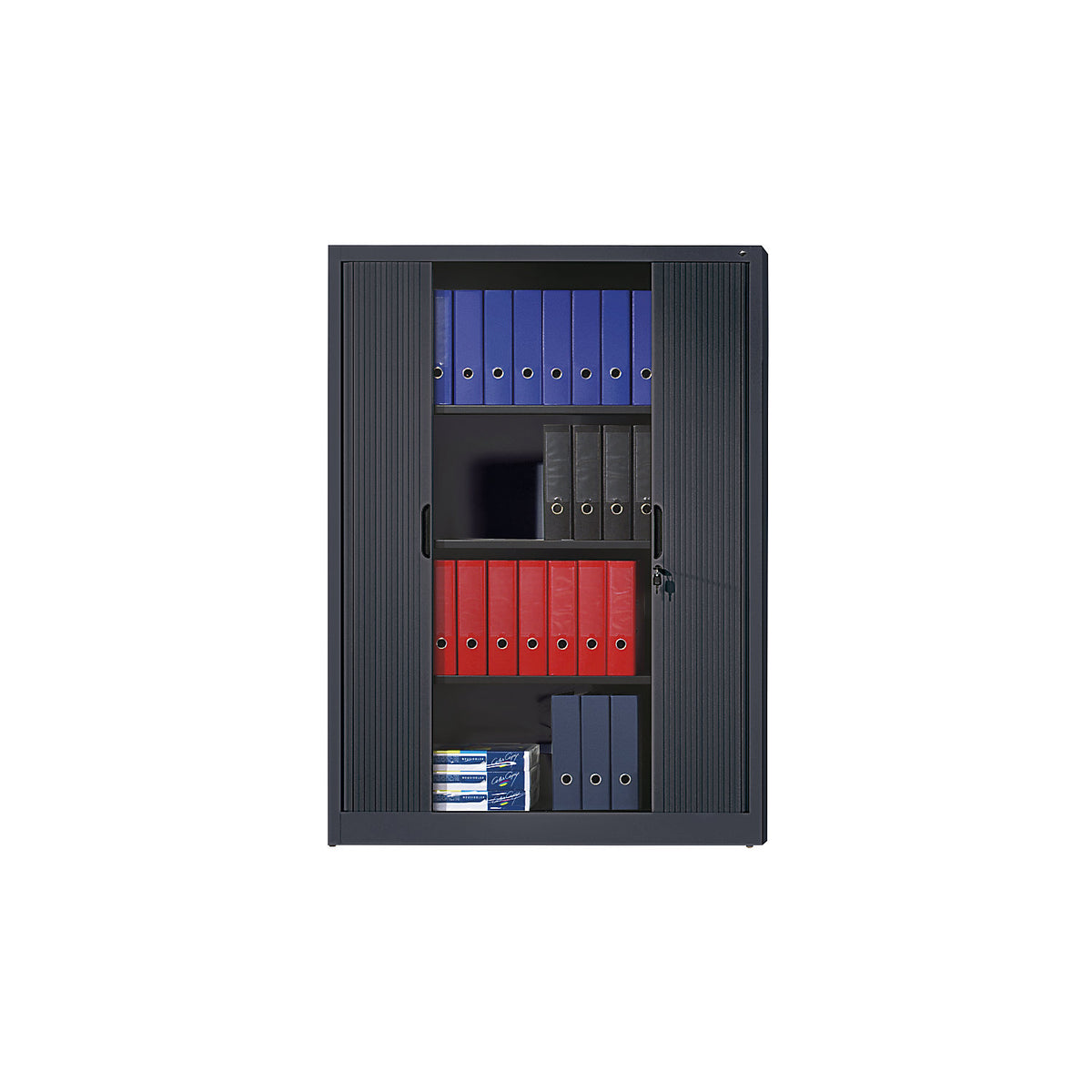 Roller shutter cupboard with horizontal shutter, HxWxD 1660 x 1200 x 420 mm, 3 shelves, 4 file heights, black grey.