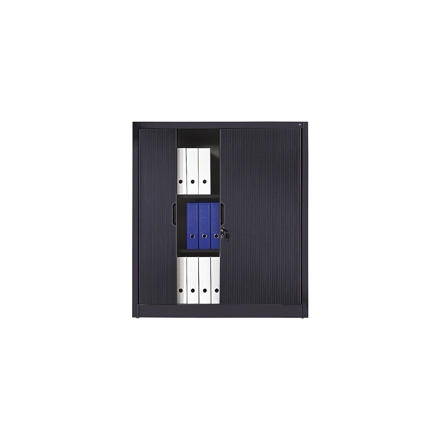 Roller shutter cupboard with horizontal shutter, HxWxD 1345 x 1200 x 420 mm, 3 shelves, 3.5 file heights, black grey.