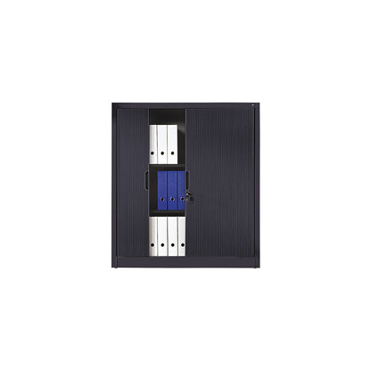 Roller shutter cupboard with horizontal shutter, HxWxD 1345 x 1200 x 420 mm, 3 shelves, 3.5 file heights, black grey.