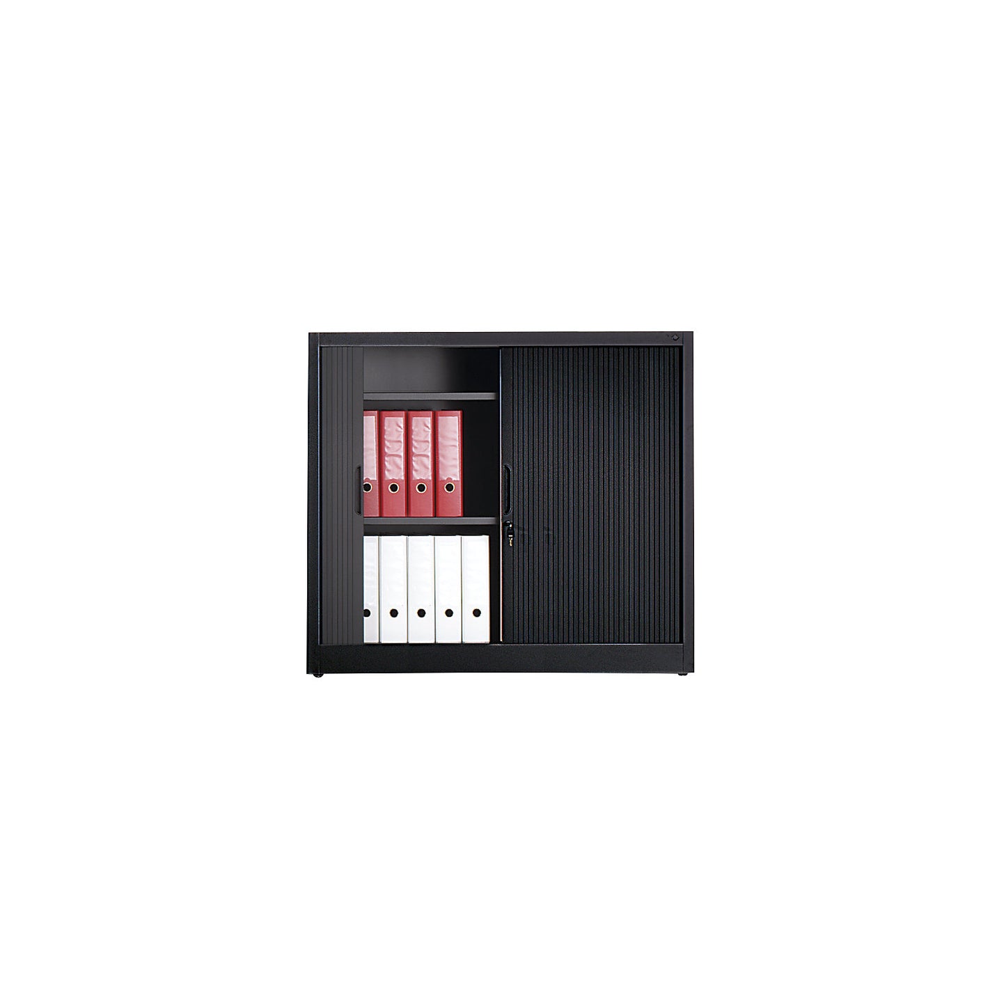 Roller shutter cupboard with horizontal shutter, HxWxD 1030 x 1200 x 420 mm, 2 shelves, 2.5 file heights, black grey.