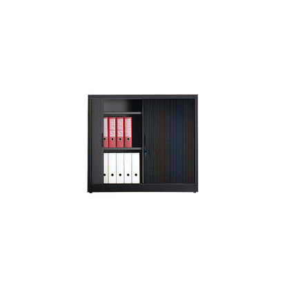 Roller shutter cupboard with horizontal shutter, HxWxD 1030 x 1200 x 420 mm, 2 shelves, 2.5 file heights, black grey.