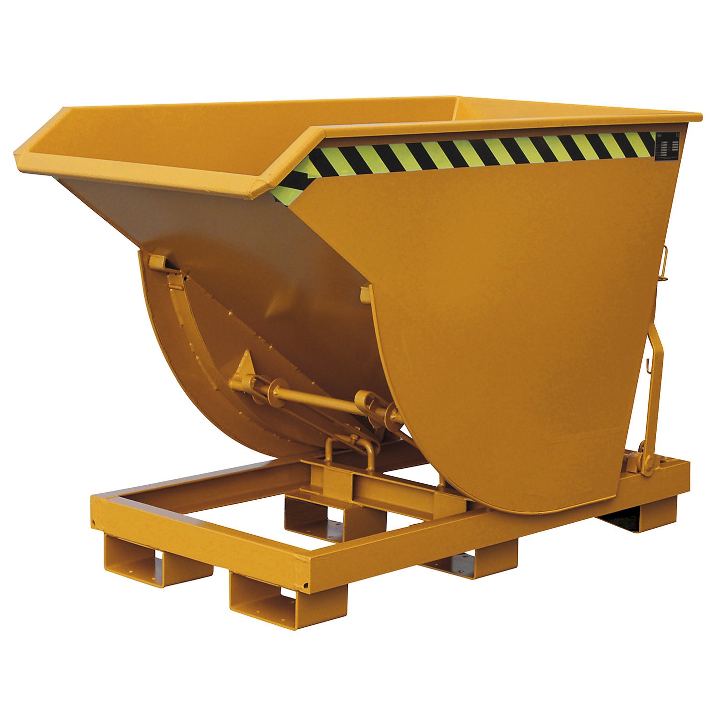 Tilting skip, narrow version, capacity 0.5 m³, max. load 2500 kg, yellow orange RAL 2000.