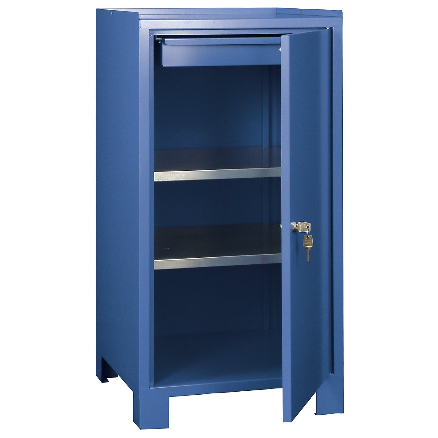 Tool cupboard with feet, HxWxD 1000 x 500 x 500 mm, 1 drawer, 2 shelves, brilliant blue RAL 5007.