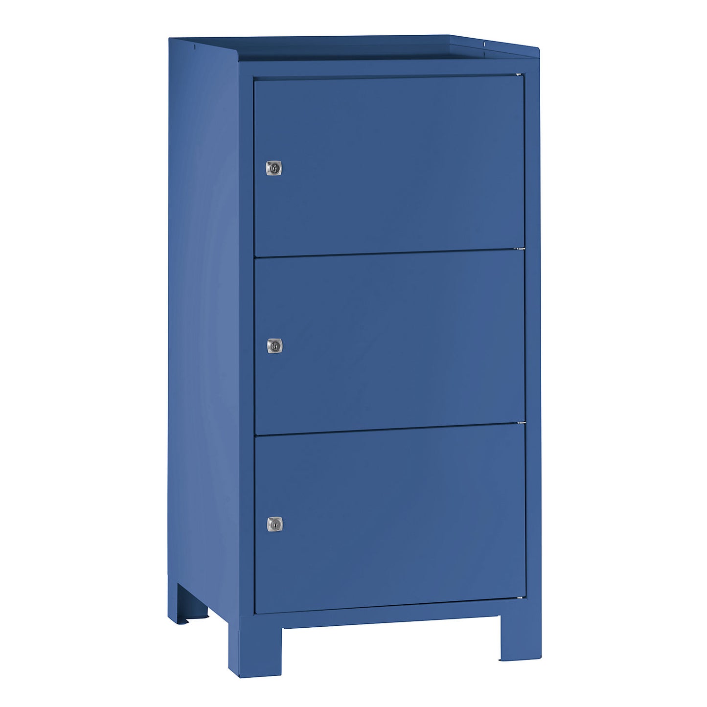 Tool cupboard with feet, HxWxD 1000 x 500 x 500 mm, 3 lockable compartments, brilliant blue RAL 5007.