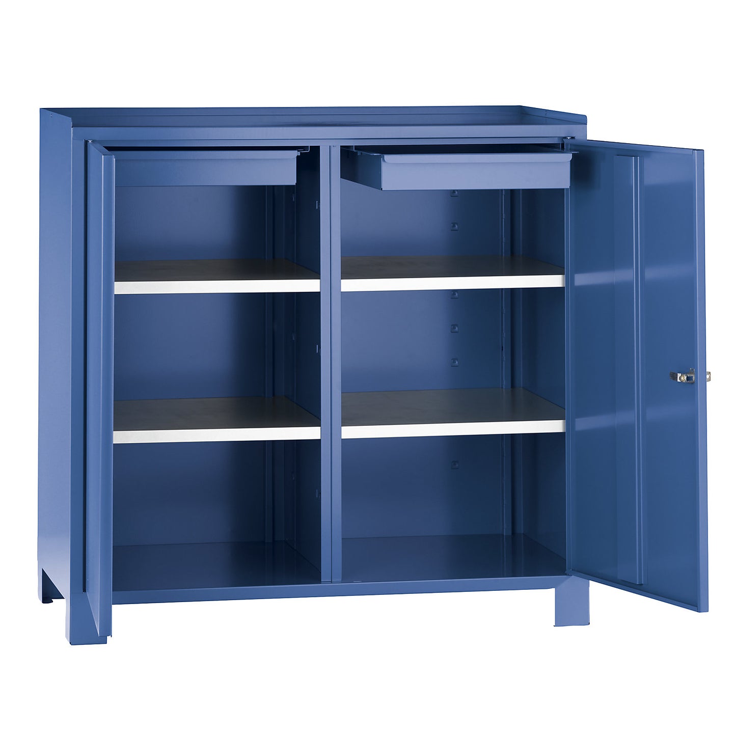 Tool cupboard with feet, HxWxD 1000 x 1000 x 500 mm, partition, 1 drawer and 2 shelves on each side, brilliant blue RAL 5007.