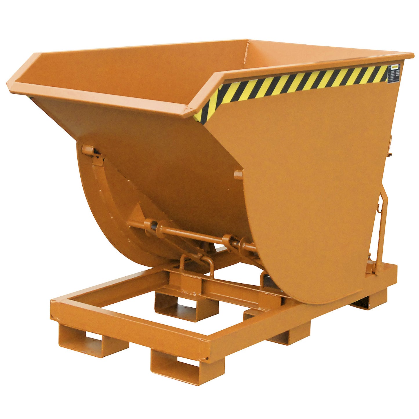 Tilting skip, narrow version, capacity 0.75 m³, max. load 3000 kg, yellow orange RAL 2000.