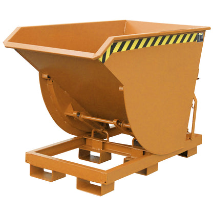 Tilting skip, narrow version, capacity 0.75 m³, max. load 3000 kg, yellow orange RAL 2000.