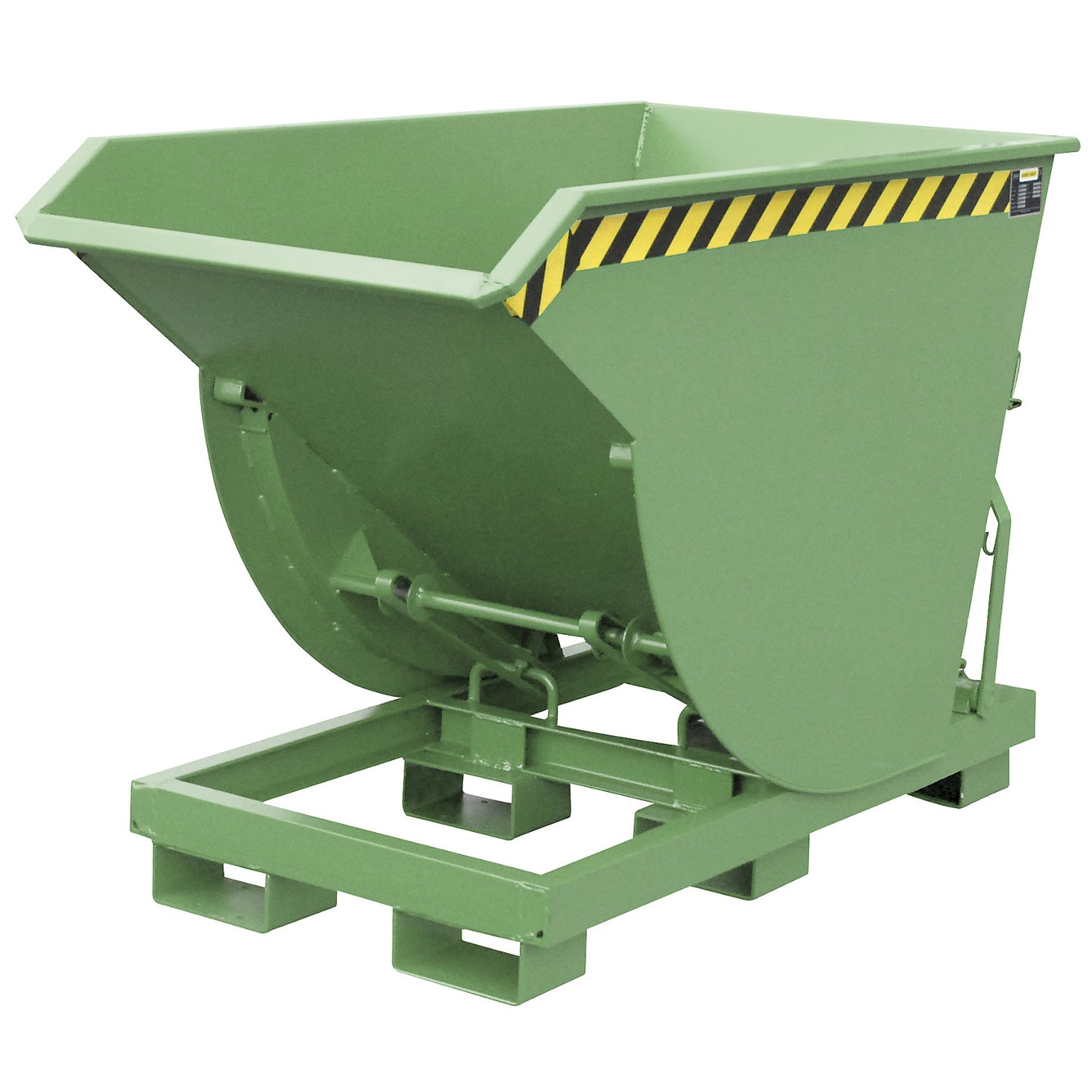 Tilting skip, narrow version, capacity 0.75 m³, max. load 3000 kg, reseda green RAL 6011.