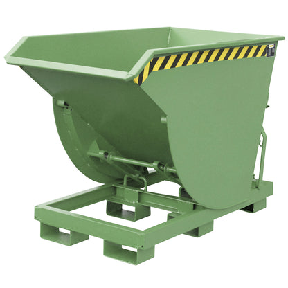 Tilting skip, narrow version, capacity 0.75 m³, max. load 3000 kg, reseda green RAL 6011.