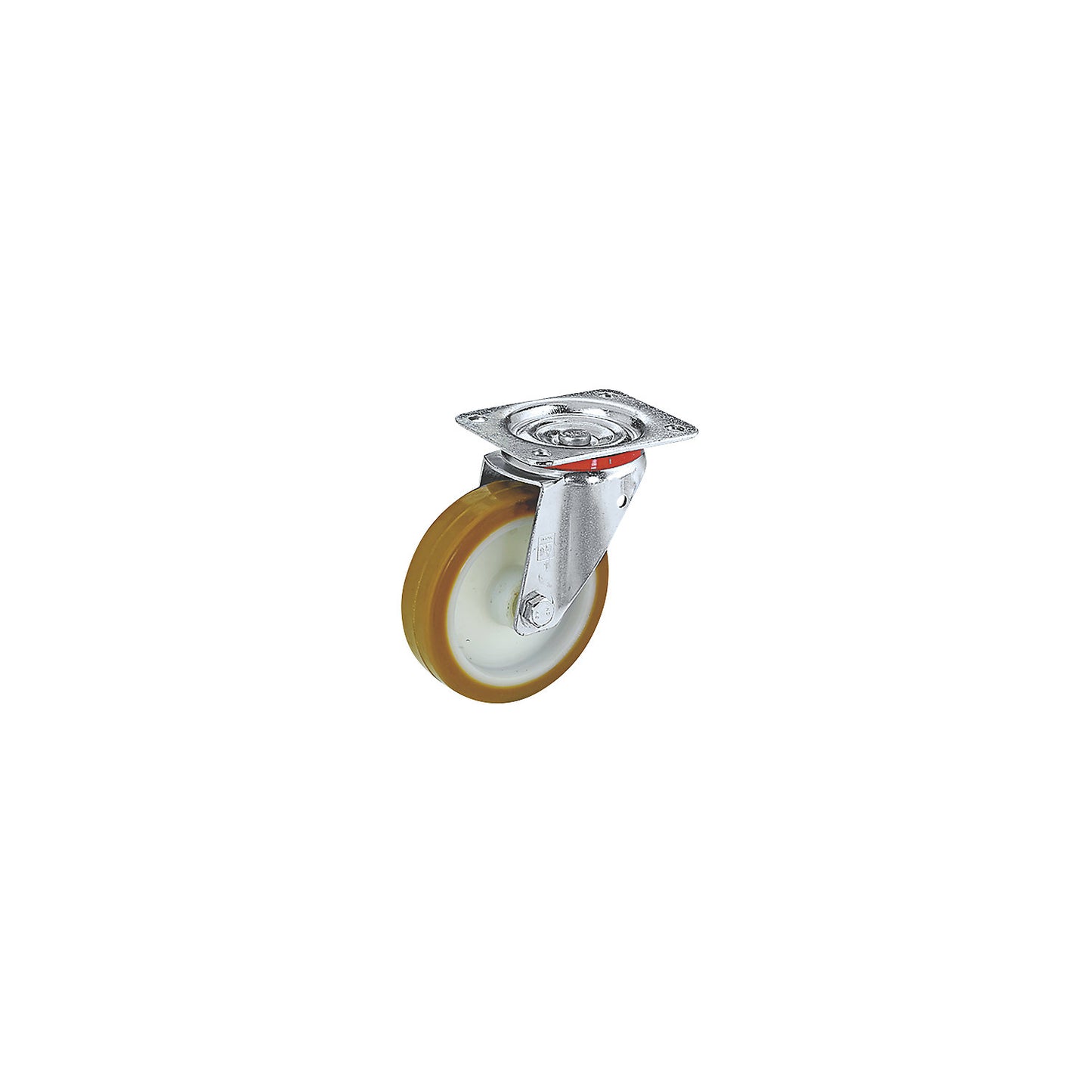 Polyurethane tyres on nylon rims, wheel Ø x width 200 x 48 mm, swivel castor with plain bearings.