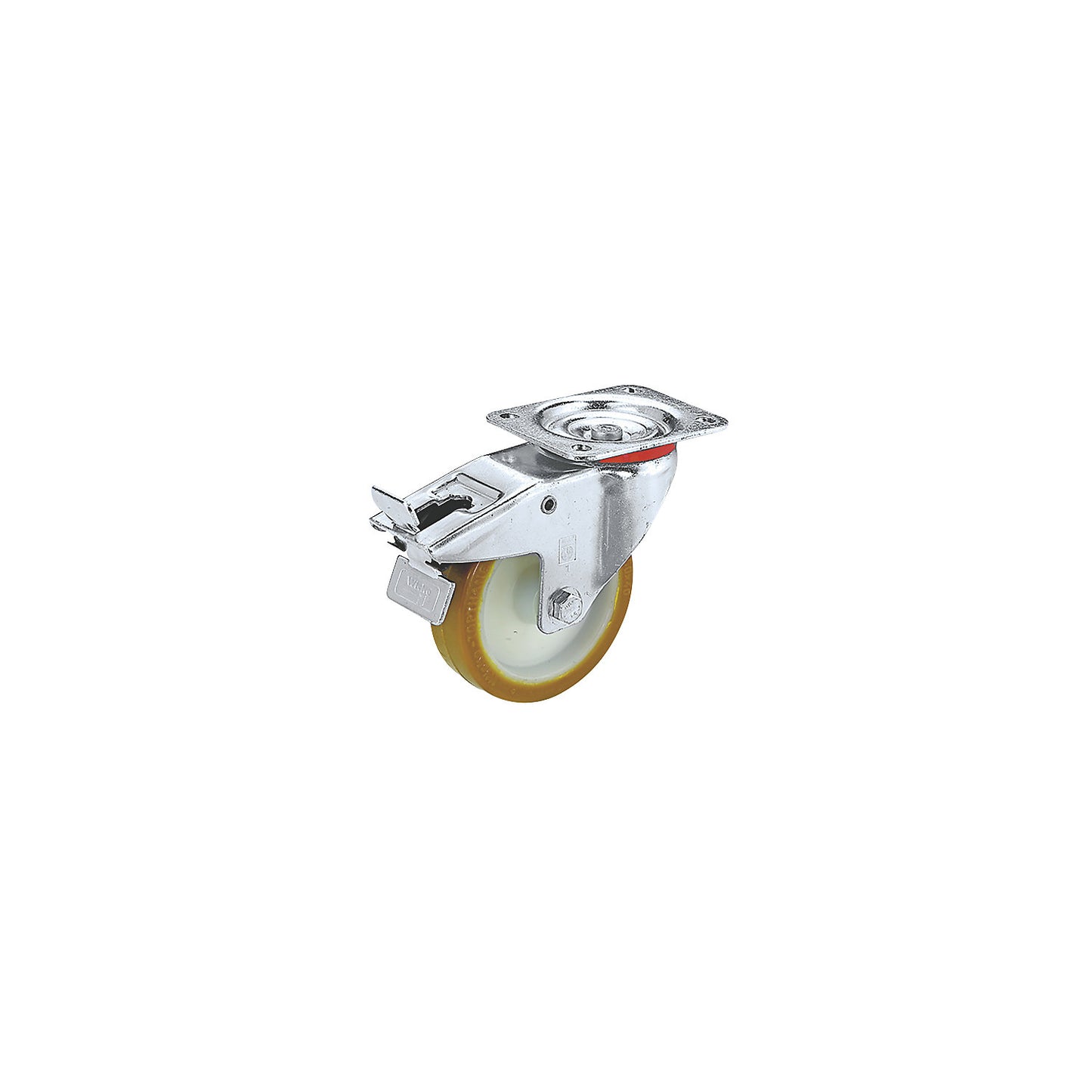 Polyurethane tyres on nylon rims, wheel Ø x width 125 x 38 mm, max. load 180 kg, swivel castor with double stop, roller bearings.