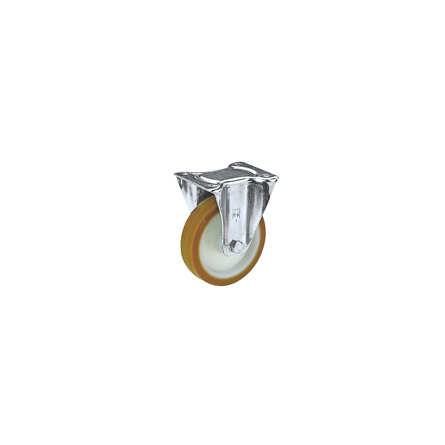 Polyurethane tyres on nylon rims, wheel Ø x width 100 x 35 mm, overall height 128 mm, fixed castor with roller bearings.