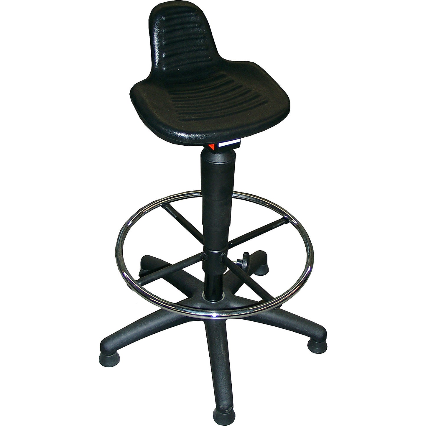 Industrial stool, polyurethane foam seat, with floor glides and foot ring.