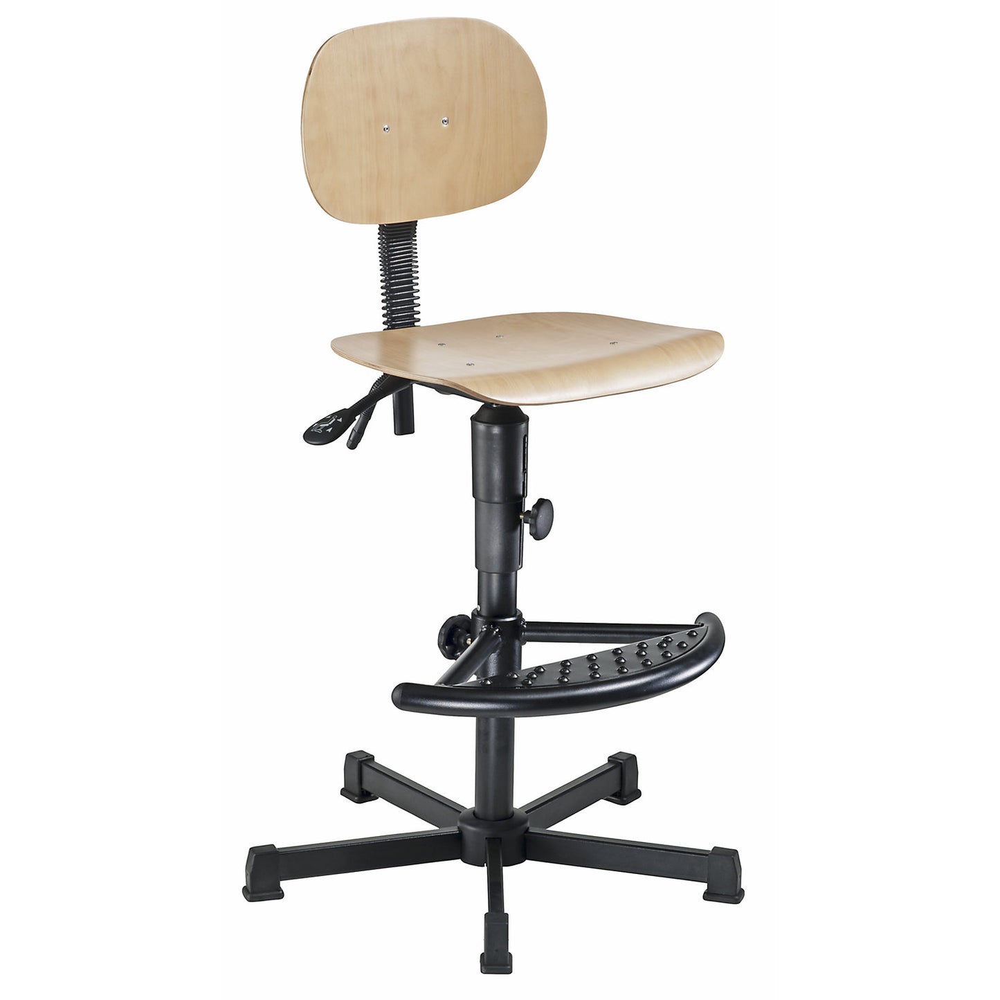 Industrial swivel chair, manual height adjustment, with floor glides and foot rest, wood.