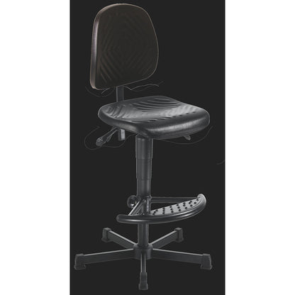 Industrial swivel chair, polyurethane upholstery, gas lift height adjustment, with floor glides and foot rest, height adjustment range 570 - 820 mm.