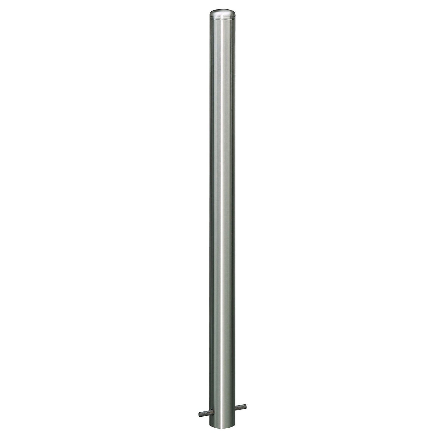 Stainless steel barrier post, with end cap, base plate to bolt in place, Ø 102 mm.