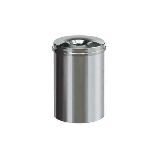 Safety waste paper bin, stainless steel, self-extinguishing, capacity 30 l, HxØ 470 x 335 mm, glossy.