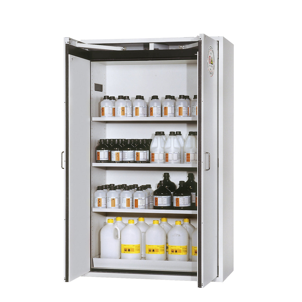 Fire resistant hazardous goods storage cupboard, type 90, 2 doors, external HxWxD 1968 x 1200 x 615 mm, grey, powder-coated.