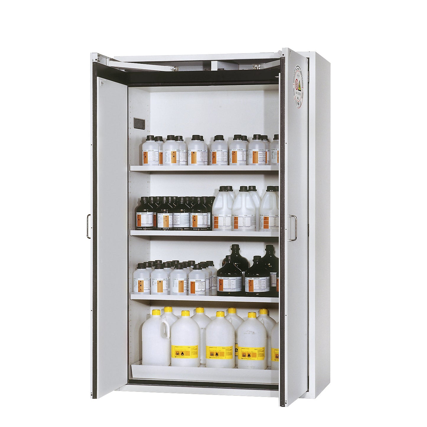 Fire resistant hazardous goods storage cupboard, type 90, 2 doors, external HxWxD 1968 x 1200 x 615 mm, grey, powder-coated.