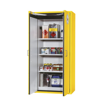 Fire resistant hazardous goods storage cupboard, type 90, 2 doors, external HxWxD 1968 x 900 x 615 mm, yellow, powder-coated.
