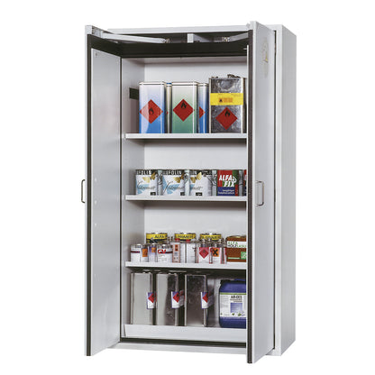 Fire resistant hazardous goods storage cupboard, type 90, 2 doors, external HxWxD 1968 x 900 x 615 mm, grey, powder-coated.